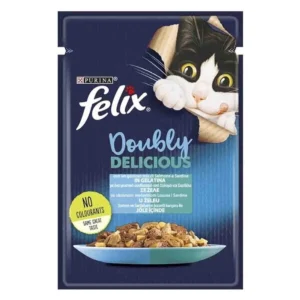 Υγρή Τροφή FELIX DOUBLY DELICIOUS σε Ζελέ Σαρδέλα με Σολομό 85GR