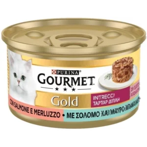 Υγρή Τροφή GOURMET GOLD ΤΑΡΤΑΡ με Σολομό & Μαύρο Μπακαλιάρο 85gr
