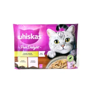 Υγρή Τροφή WHISKAS PURE DELIGHT σε Ζελέ με Επιλεγμένη Συλλογή Κοτόπουλο & Σολομό 4x85gr