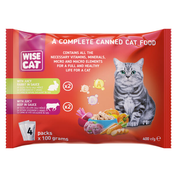 Wise Cat Υγρή Τροφή Γάτας Adult Κουνέλι και Βοδινό σε Σάλτσα – 12 x (4 x 100gr)